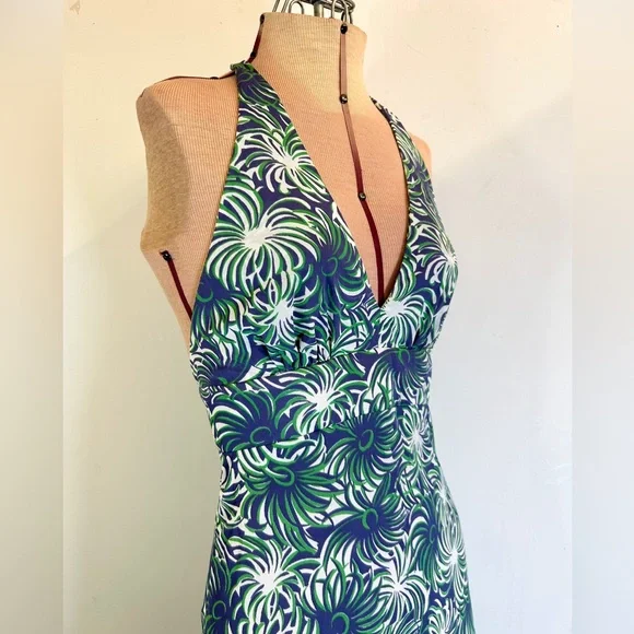 Vintage 1970s Halter Maxi Dress Blue Green White Size XS - Picture 4 of 12